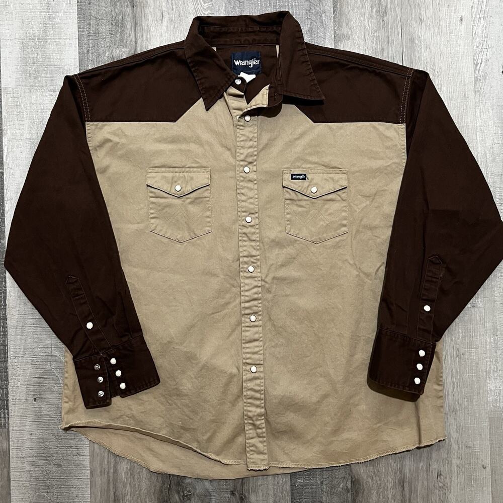 Wrangler Western Brushpopper VTG Pearl Snap Shirt Two Tone Cowboy Canvas Heavy